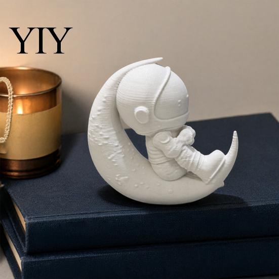 Moon Astronaut Figurine 3D Printed Figurine, Sitting on Crescent Spaceman Desktop Decoration Statue, for Home Office Bookshelf Ornament