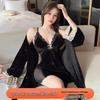 Golden Velvet Lace Mesh Women's Pajama Set - Autumn/Winter Nightgown & Bathrobe with Chest Pads