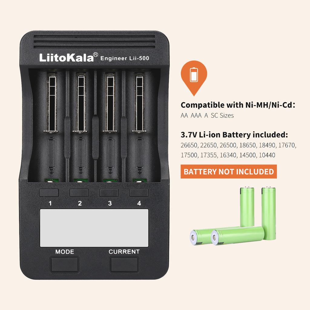 Умное зарядное устройство LiitoKala Lii-500 для 18650/26650/AA/AAA/Ni-MH/Li-ion, ЖК-дисплей, Тестер емкости, Независимые слоты, Защита