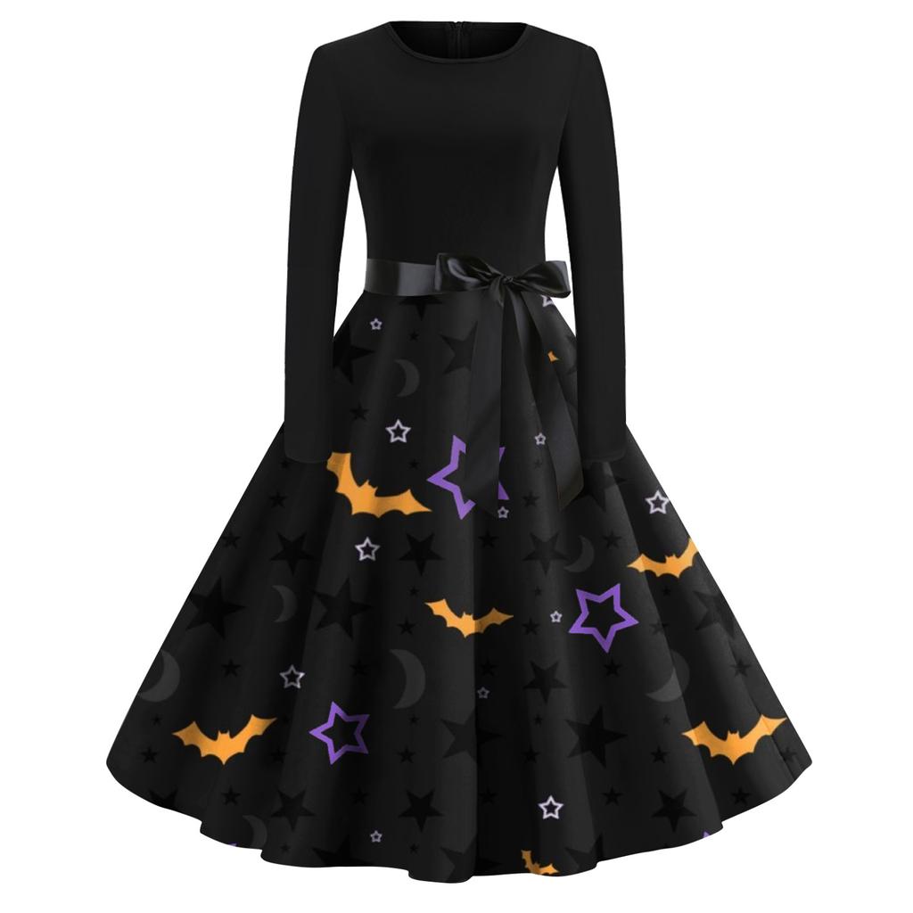 Women's Halloween Print Flare Dress For Women Long Sleeve Dress Party Casual Dresses