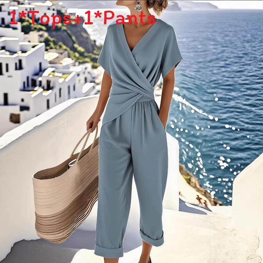 Summer Womens Pure Color Irregular Short Sleeve Suit With Pleated Pants For Casual Wear