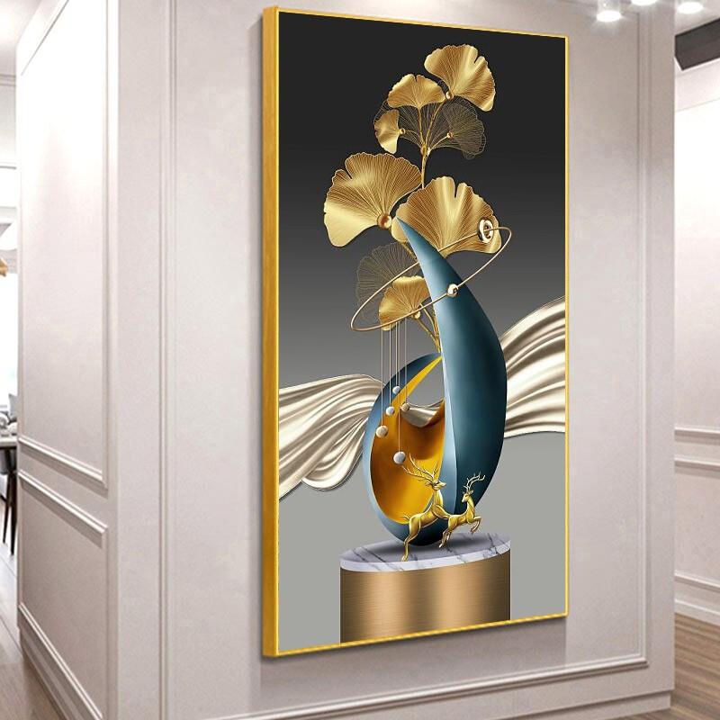 Абстрактная Роскошная Геометрия Перо Лист Свет Холст Картина Олень Декоративная Настенная Искусства Золотой Декор Для Гостиной Крыльцо Куадрос