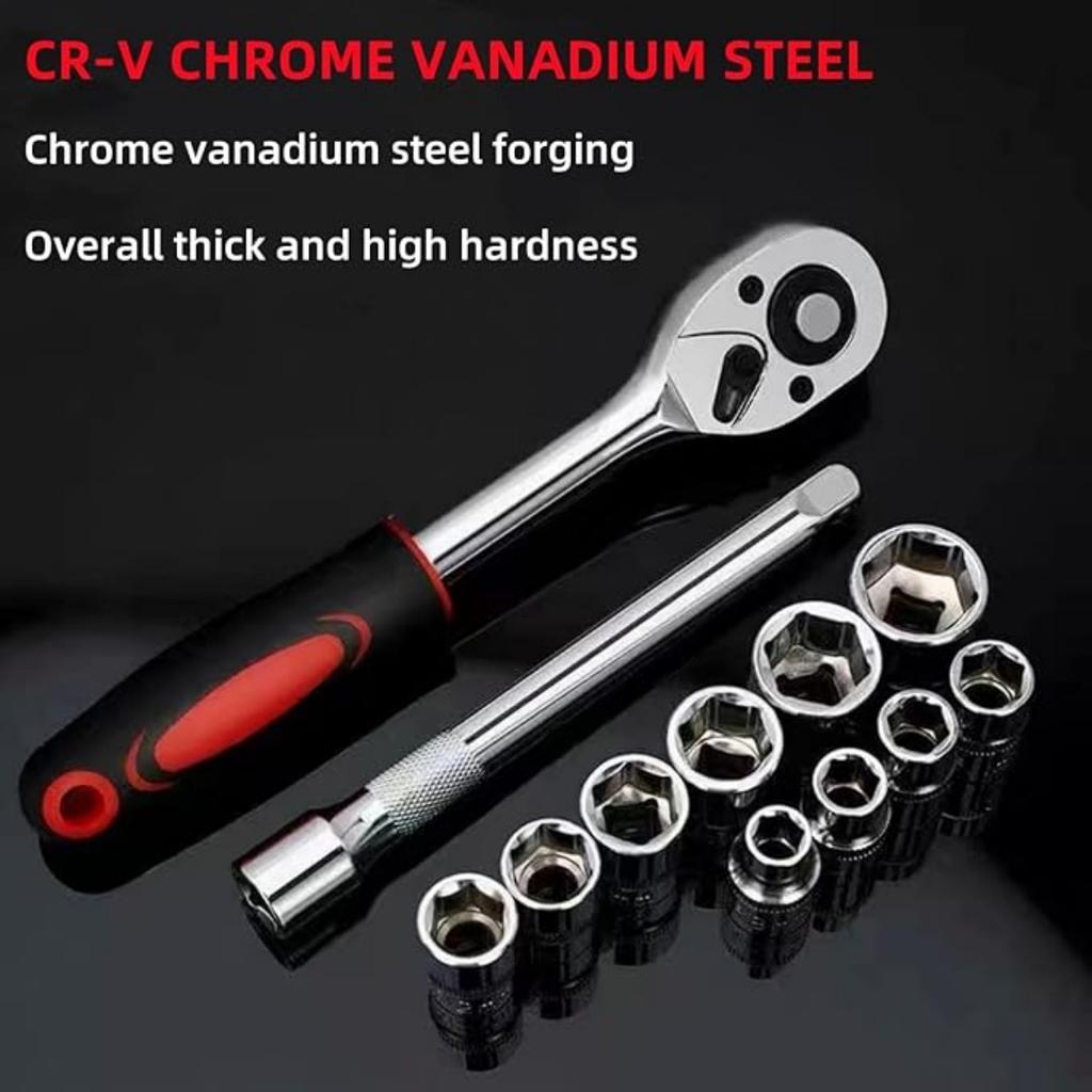 Metric SAE Mechanic Tool Kit,Ratchet Socket Wrench Set, Metric Socket Set with Quick Release Reversible Ratchet Wrench and Extension Bar, 12 Pcs