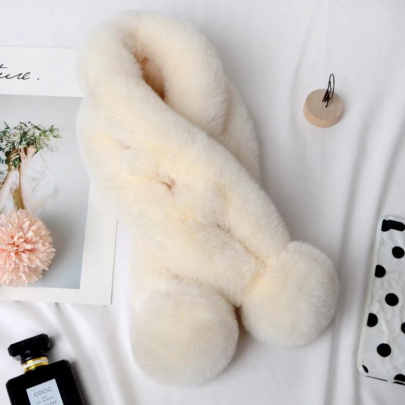 Women Fashion Autumn and Winter Newest Warm Scarf Fur Rabbit Plush Thick Scarf Solid Color Fur Ball Cross Clothes Accessories