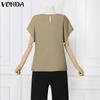 VONDA Летние женские туники с короткими рукавами и круглым вырезом, повседневные однотонные плиссированные блузки, футболки S-5XL
