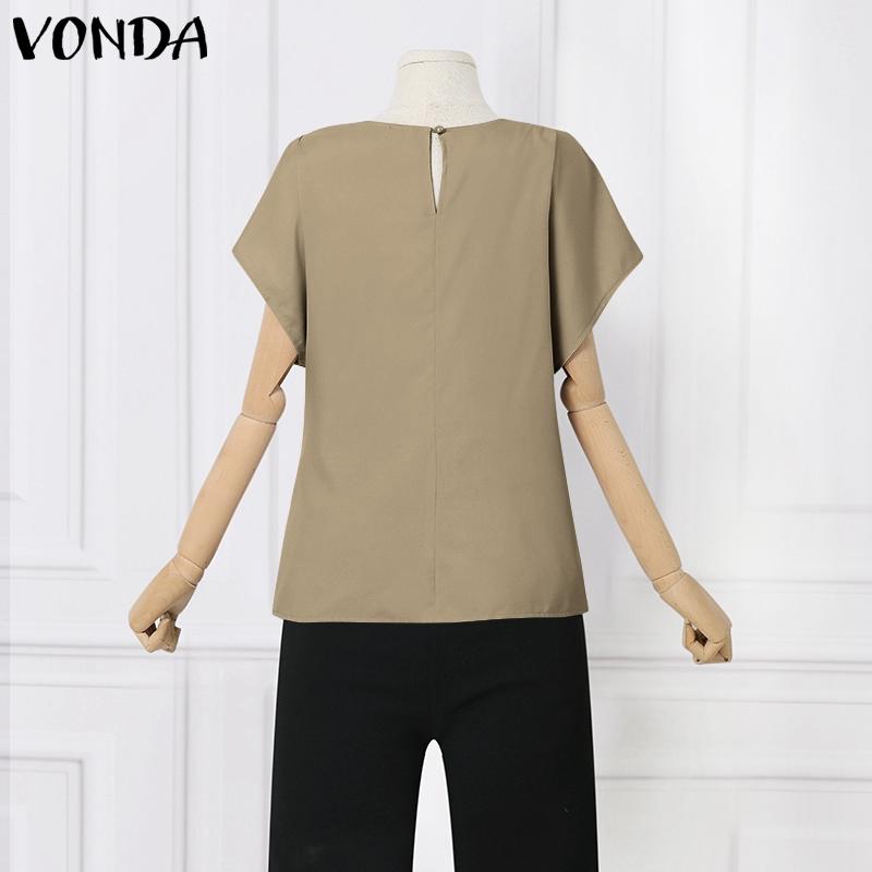 VONDA Летние женские туники с короткими рукавами и круглым вырезом, повседневные однотонные плиссированные блузки, футболки S-5XL