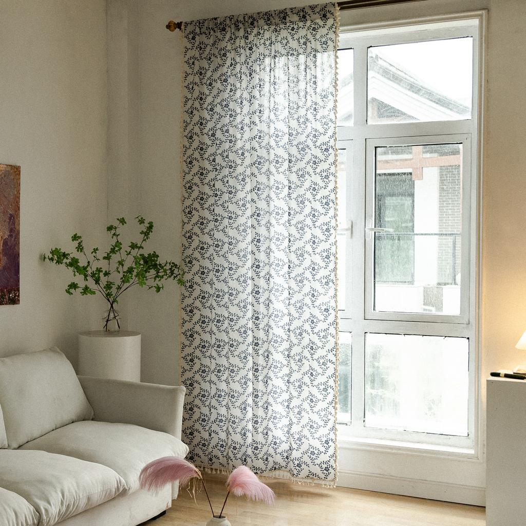 No Punching Through Rod Lace Curtain Finished American Blue Cotton And Linen Printing Balcony Bay Window Table Short Curtain Coffee Half Curtain
