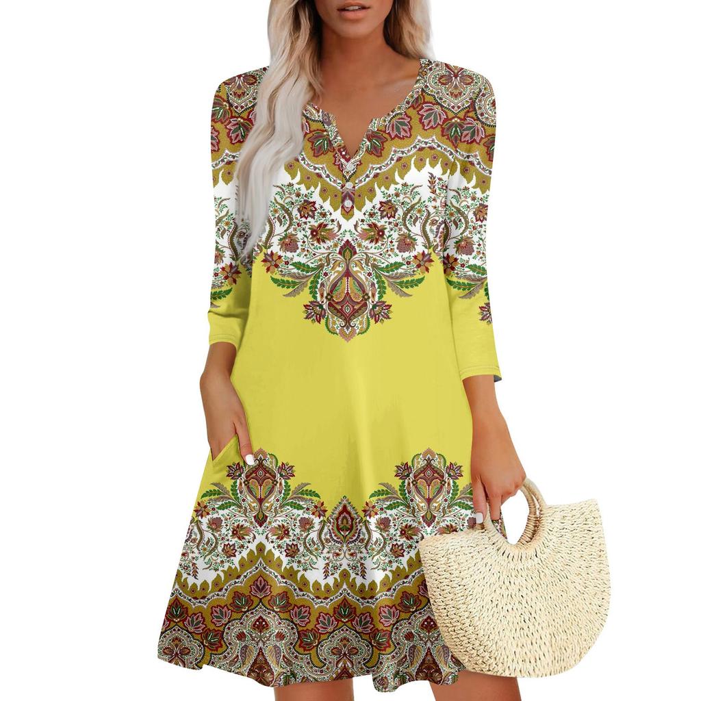 Женское летнее платье, свободное платье с V-образным вырезом, рукавом три четверти и карманами