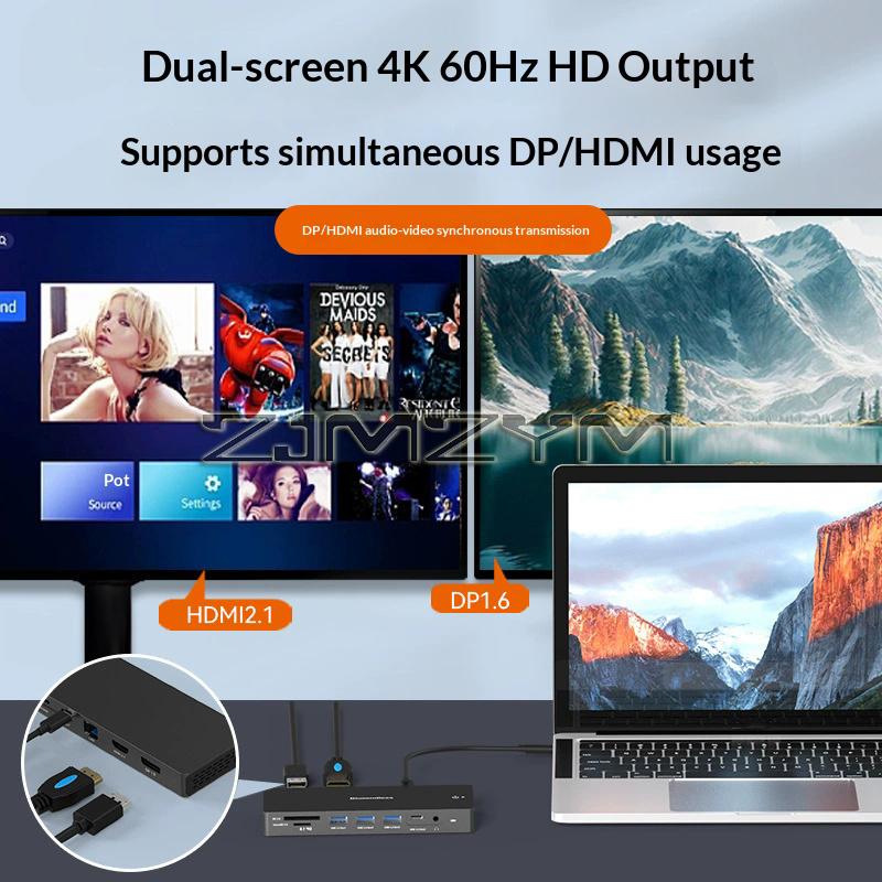 12 in 1 8K Dual HDMI DP Docking Station USB C HUB USB 3.2 GEN 2 SD/TF 100W 3.5mm Audio Adapter