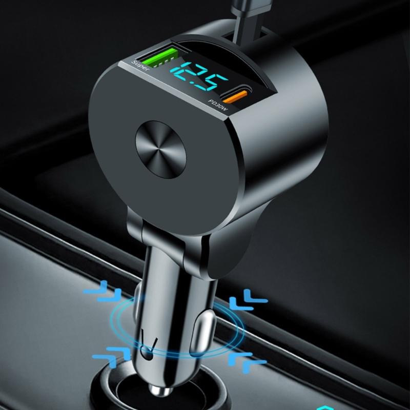 Портативное автомобильное зарядное устройство с выдвижным шнуром, поддержка быстрой зарядки PD30W, совместимость с широким диапазоном напряжений 12В-24В для телефонов