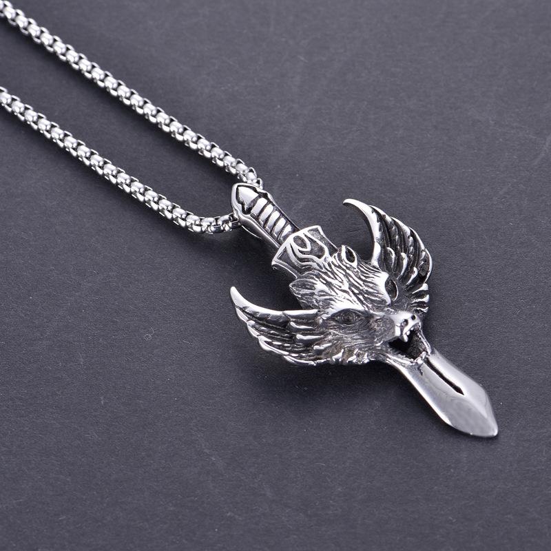 Кулон с головой волка и мечом, винтажное ожерелье, модное мужское ожерелье с преувеличенным крылатым волком