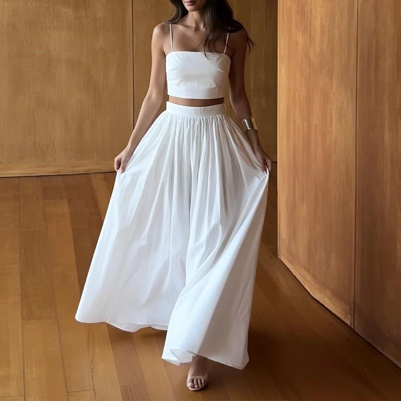 2026 Womens Solid Color Sleeveless Camisole Top Long Skirt Set Casual Elegant Outfit Office Daily Wear