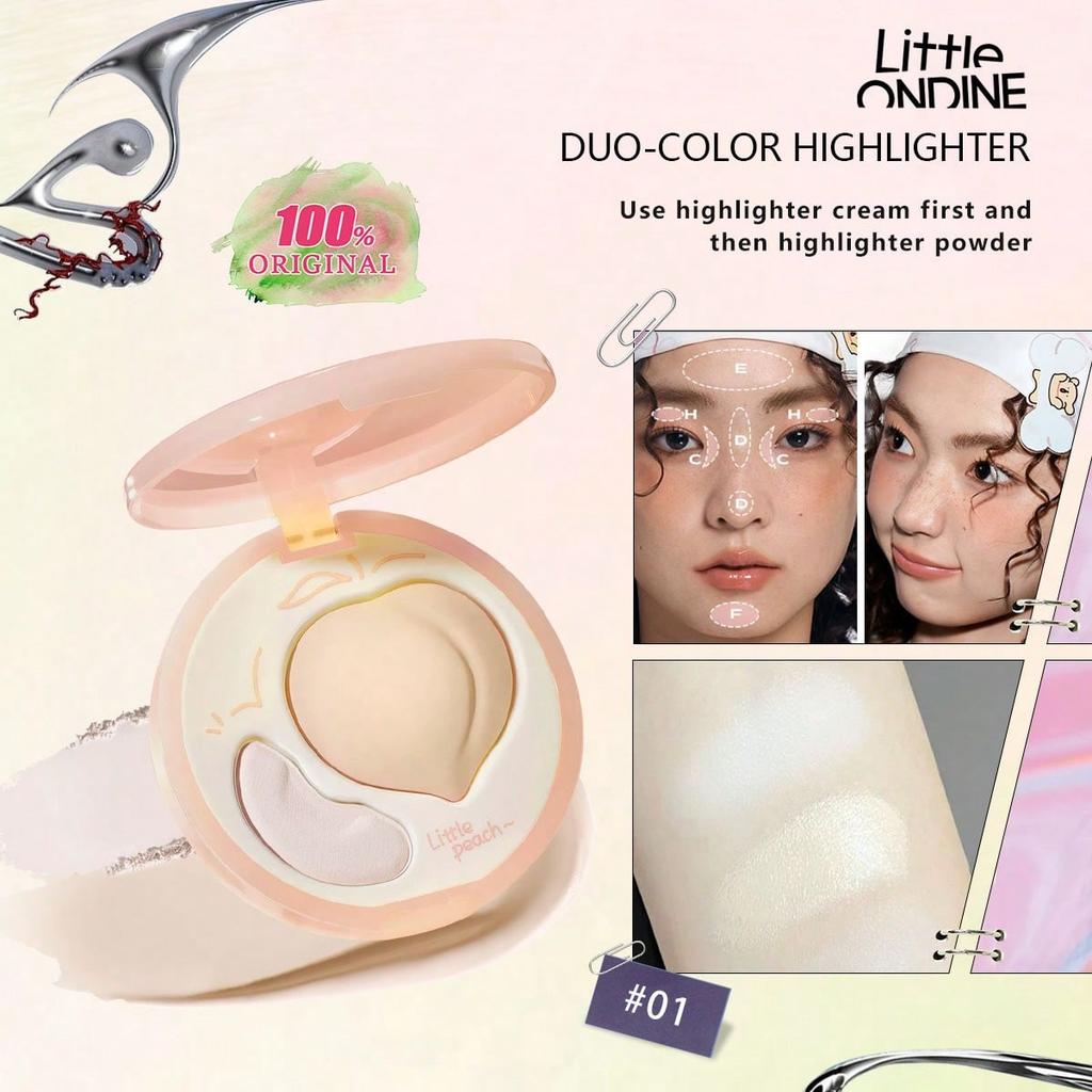 Little ONDINE duo-color highlighter 01-03, 2-In-1 Highlighter & Contour, Pink Highlighter & Natural Contour, Rosy Brightening & Shaping
