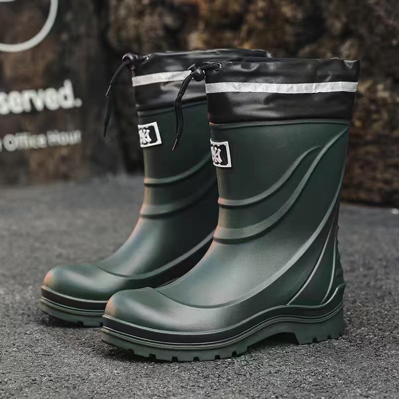High Tube Rain Shoes Men's Non-slip Waterproof Fashion Medium Tube Rain Boots Warm Rubber Shoes Kitchen Work Long Tube Water Shoe Cover Shoes