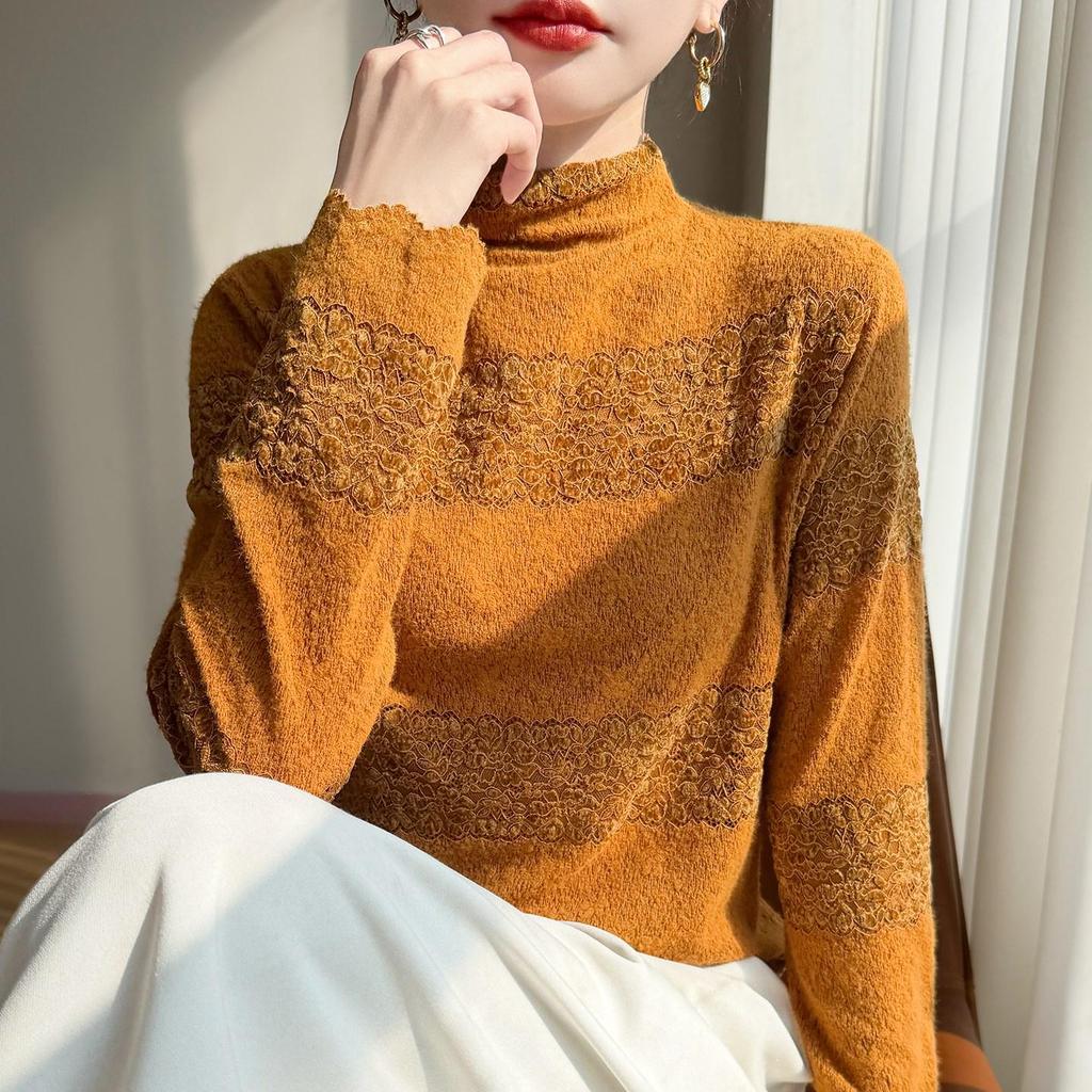 Women's Chic High-Neck Lace Trim Jacquard Knit Sweater