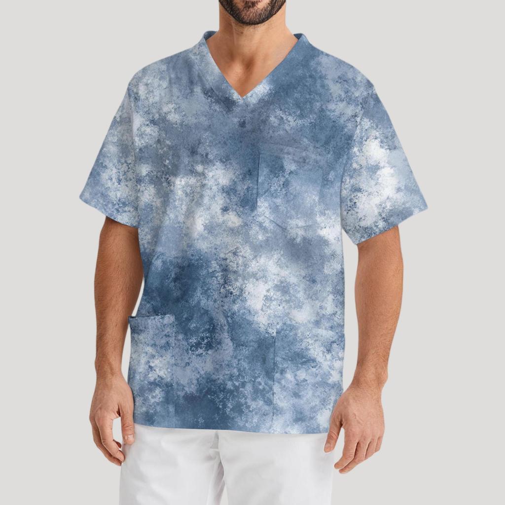 Мужская рабочая блузка с короткими рукавами и v-образным вырезом с принтом, топ с нагрудным карманом