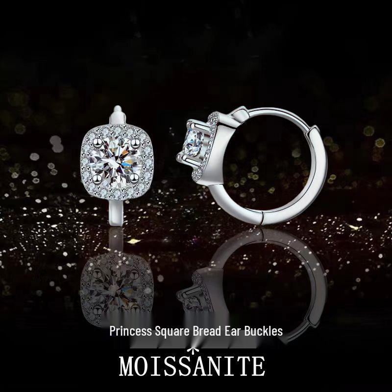 Moissanite Stud Earrings: Classic S925 Silver Square Ear Cuffs, Light Luxury, 1 Carat.