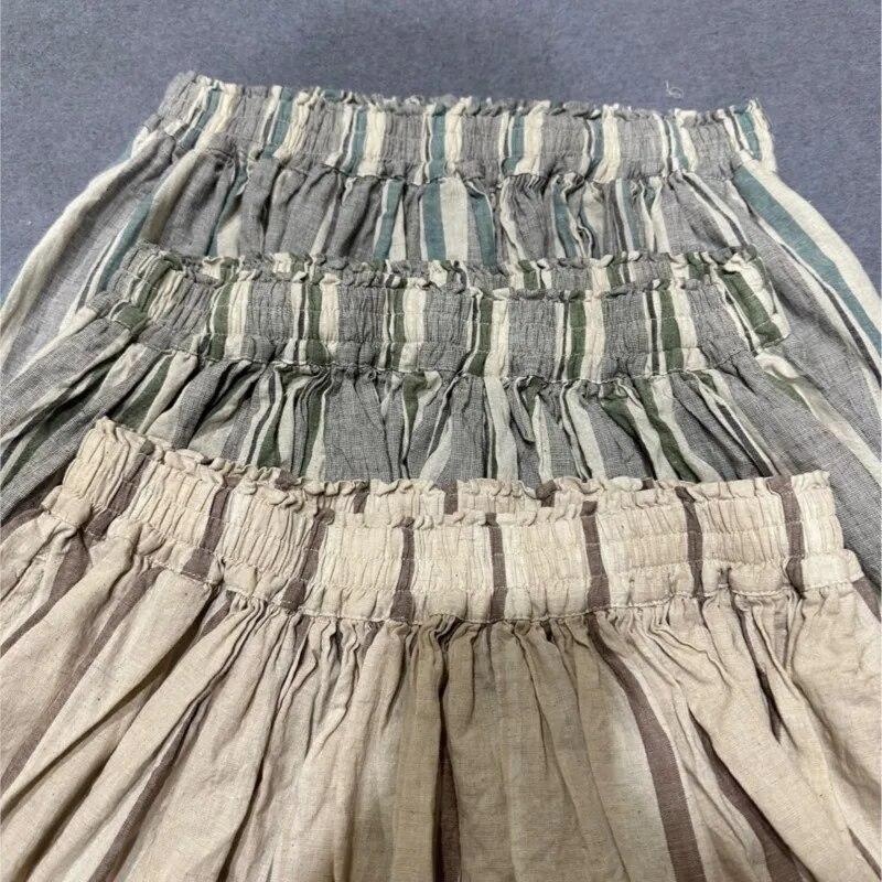 Johnature Винтажные юбки в японскую полоску, женские летние свободные эластичные льняные юбки с карманами