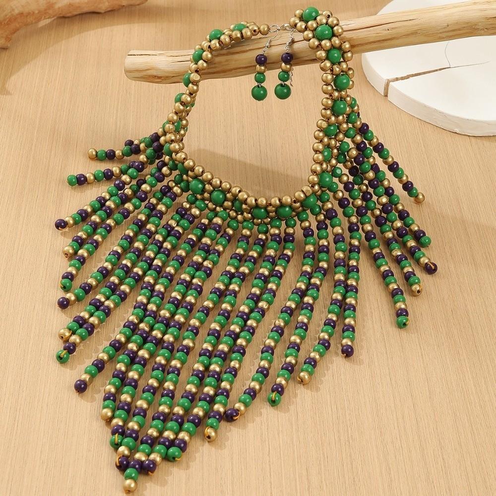 1920s Necklace Earrings Set Wood Ear Studs Elegant Tassel Necklace Evening