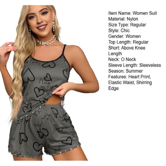 2Pcs/Set Lady Homewear Top Shorts Suit Heart Print Sleeveless Backless Shirring Vest Elastic High Waist