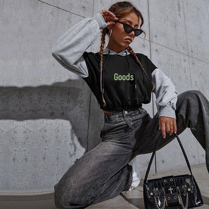 Yiyi 2025 Women's Color Block Cropped Hoodie: European & American Style Casual Sportswear