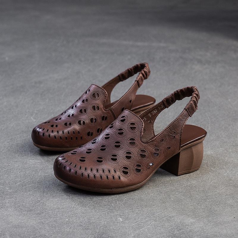 Johnature Round Toe Hollow-out Breathable Thick Heel Sandals Retro Versatile Commuting Women's Shoes