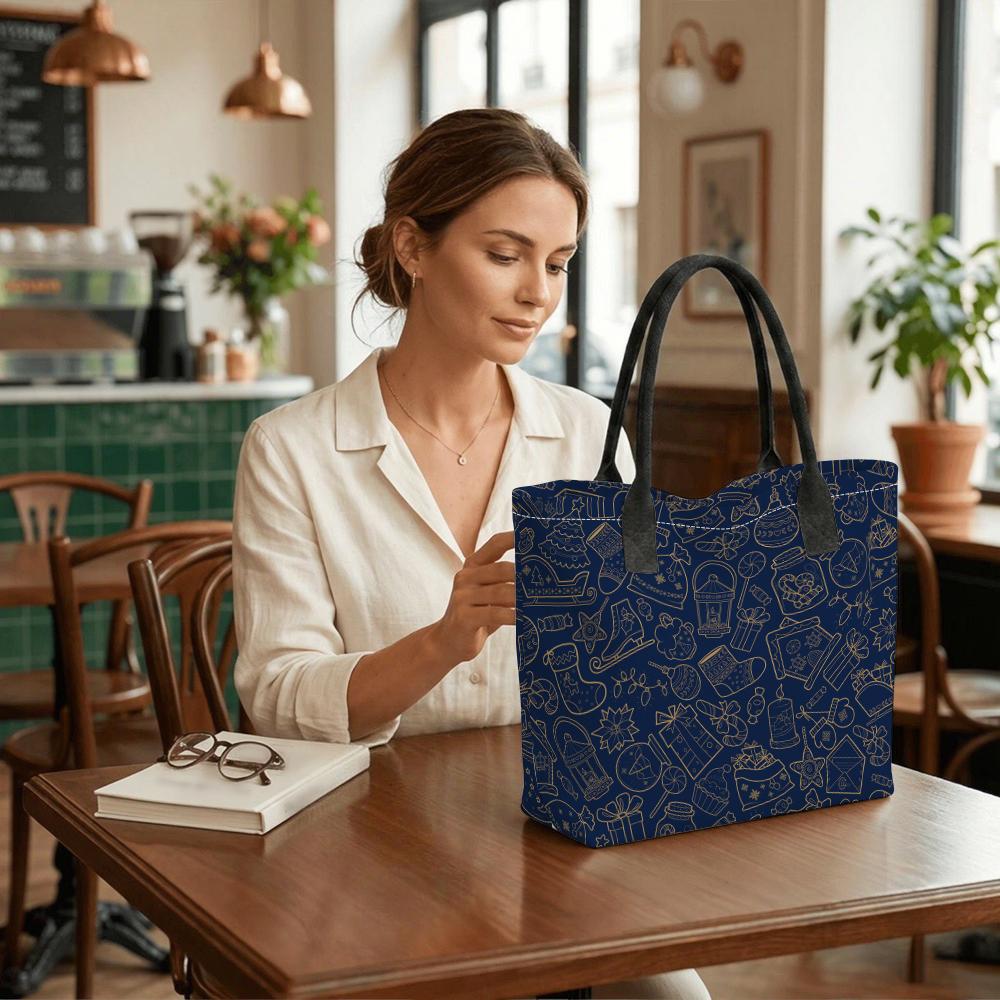 Navy Christmas Pattern Tote Bag Casual Large Capacity Daily Use Handbag