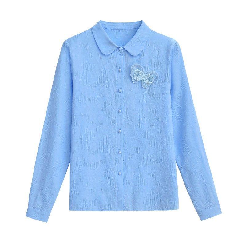 Осень 2024 г. Женская рубашка с длинным рукавом из чистого хлопка с жаккардовой вышивкой