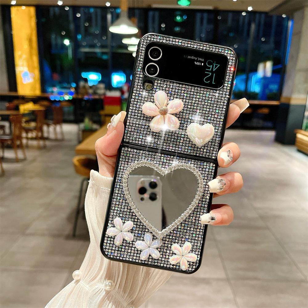 Роскошный чехол для телефона с бриллиантовым сердцем, зеркалом, жемчужным цветком и блестками для Samsung Galaxy Z Flip 3 4 5 6 5G