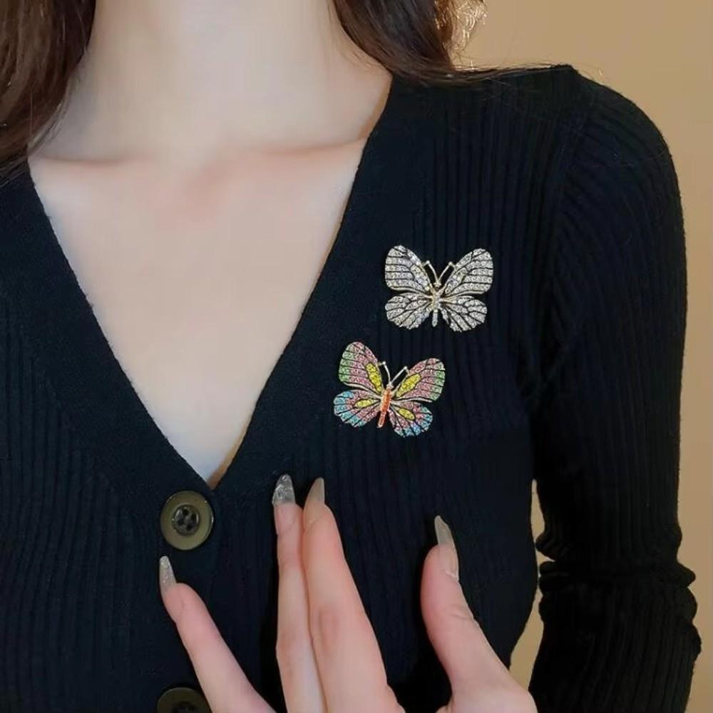 Fashion Vintage Butterfly Brooches Metal Alloy Colorful Cardigan Clip Crystal Insect Sparkling Enamel Pins Party Jewelry
