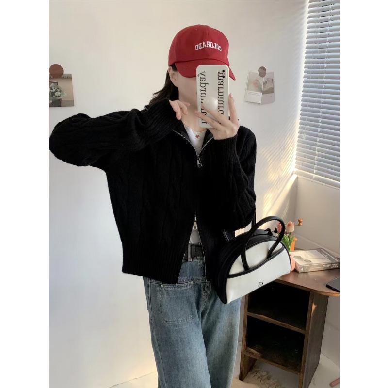 Solid Color High Neck Cable Knit Cardigan Sweater with Double Zipper for Women