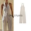 Summer New Product Women's Clothes Minimalist Style with Belt Linen Blend Hanging Collar Long Jumpsuit 8254734