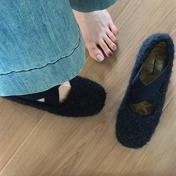 French retro plush Mary Jane cotton shoes cross-strap heightening beanie shoes outer wear