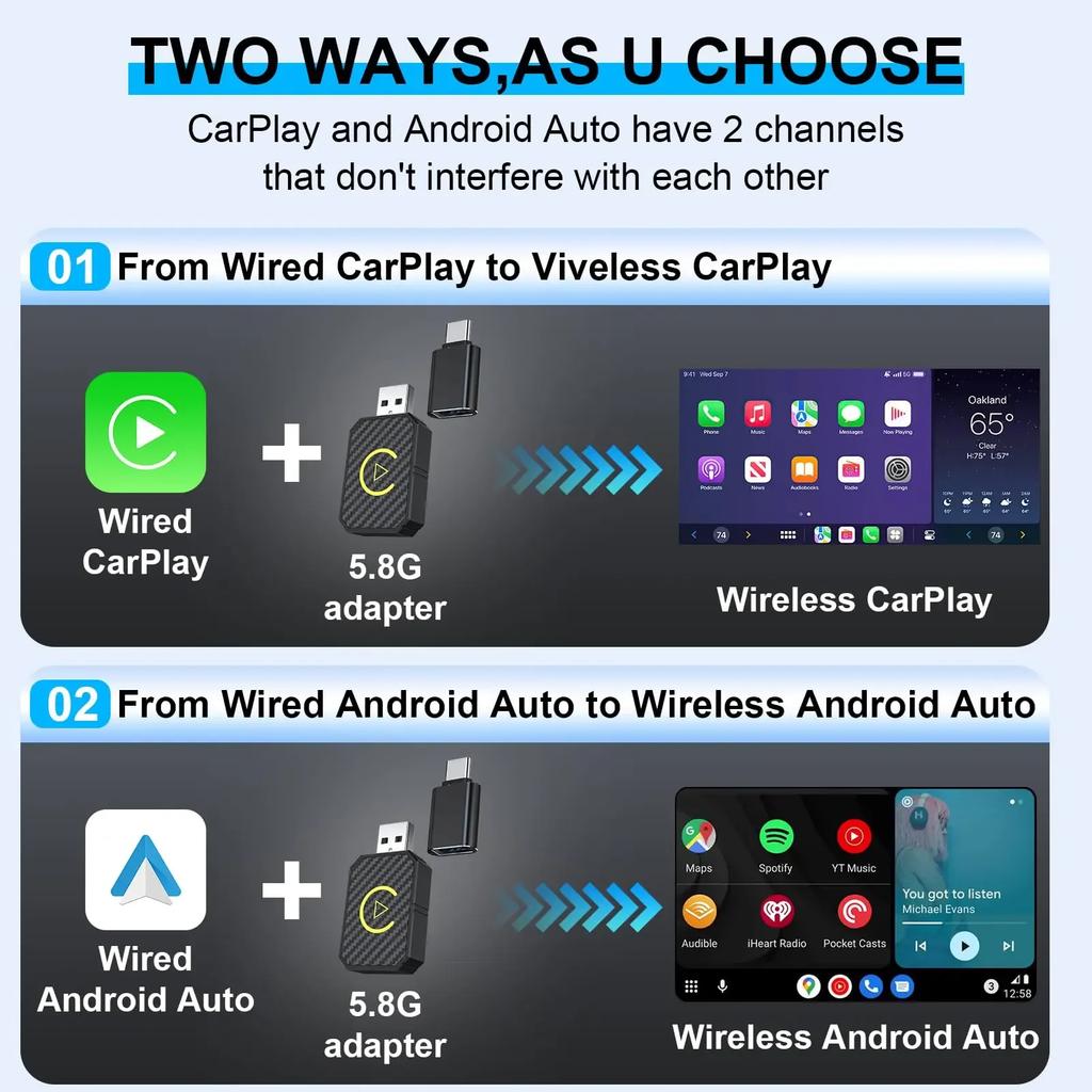 2 In 1 NEW Wireless CarPlay Android Auto Adapter USB Dongle Smart Mini Box Bluetooth Wifi Plug And Play for OEM Car Stereo