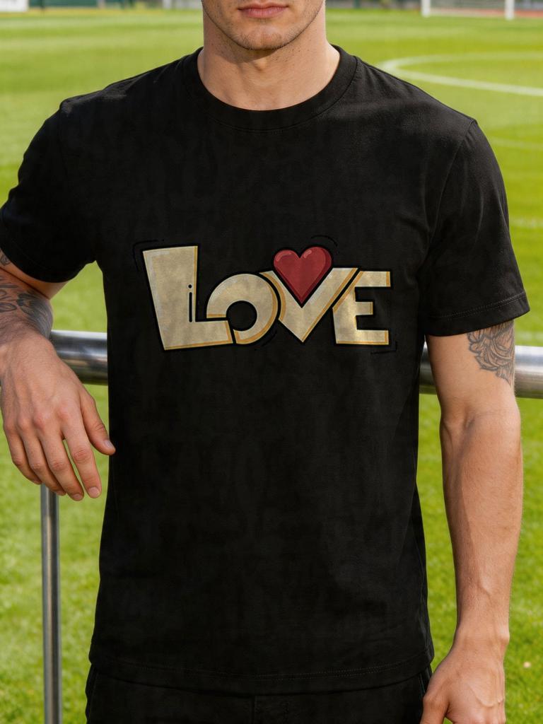 White Unisexs Tee Love Heart Letter Graphic Print Crew Neck Cotton Short Sleeve Fashion Male Street Summer Soft Daily Casual Wear
