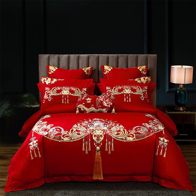 Длинноволокнистый хлопок плотностью 100, свадебная простыня и пододеяльник из четырех предметов, чистый хлопок, лоскутное одеяло с драконом и фениксом, красное стеганое одеяло, комплект из шести и десяти предметов