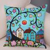 Colorful Cartoon House Pillowcase Retro Country Colors Urban Sofa Cushion Cover Home Car Decoration