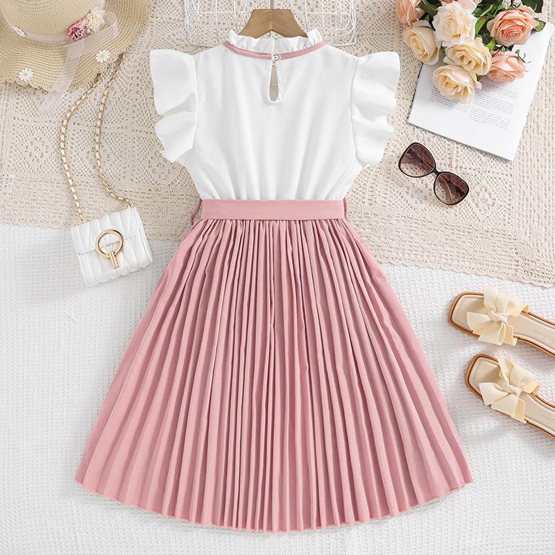 8-12Y Girls Dresses Pop Children's Summer New Foreign-style Fly Sleeve Dress Colour Temperament Pleated Skirt