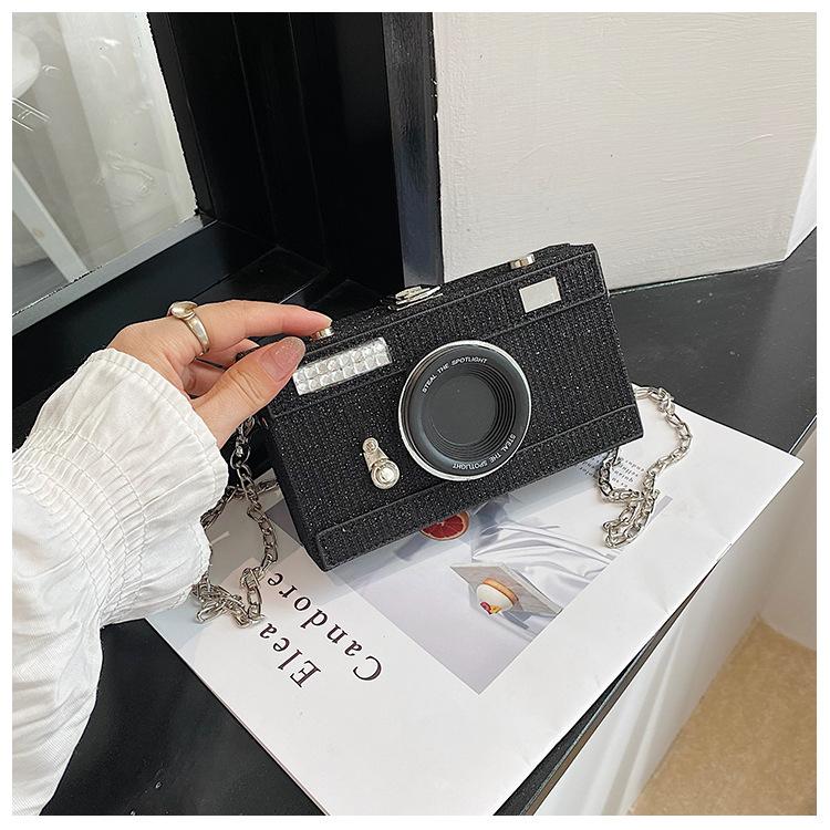 Women Fashion Sequin Box Bag Funny Chain Crossbody Body Bag New Camera Shape Shoulder Bag
