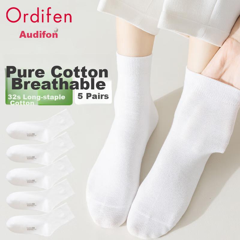 Ordifen Women's Socks, 5 Pairs, 100% Pure Cotton, 10A And Odor-Resistant, Sweat-Absorbing, Breathable, Comfortable, Simple Mid-Calf Socks for Wome