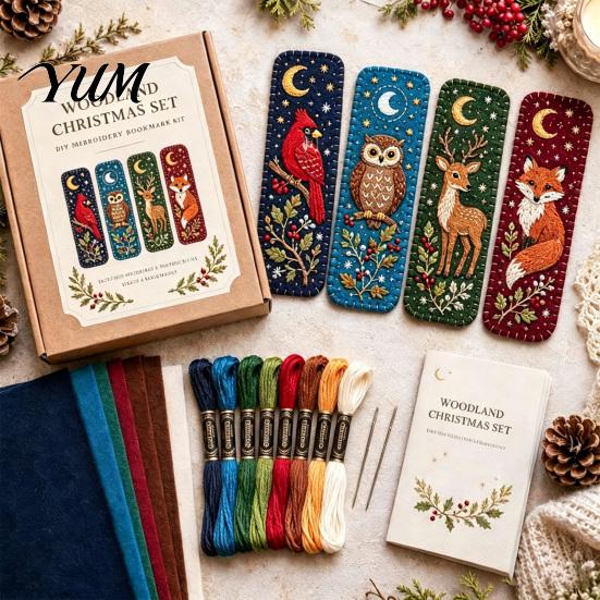 Beginner Friendly Sewing Crafts DIY Felt Embroidery Bookmark Kit, Christmas Woodland Animal Pet Craft Holiday Themed Crafting Materials Kit