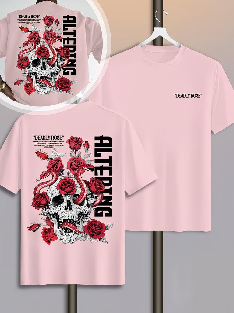 Unisex Deadly Rose Skull Snake Graphic T Shirt Double Sided Print Oversized Short Sleeve Tees Vintage Gothic Streetwear Punk Back