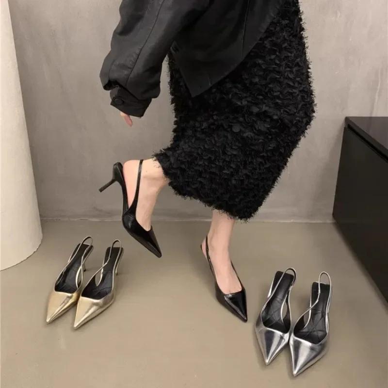 Summer Silver Heels Pointed Toe Women Pumps Fashion Slip On Slingbacks Shoes Ladies Sexy Heel Party Dress Sandalias