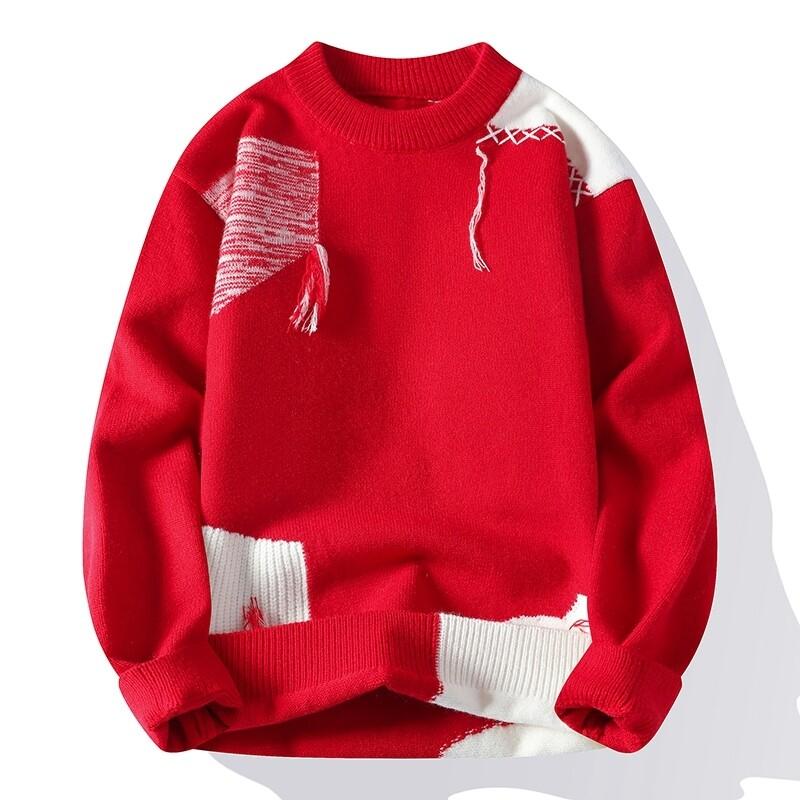Autumn Winter Patchwork Knitted Sweater Men Round Neck Loose Casual Pullovers Male Fashion Knit Sweaters Pullover Knitwear Man