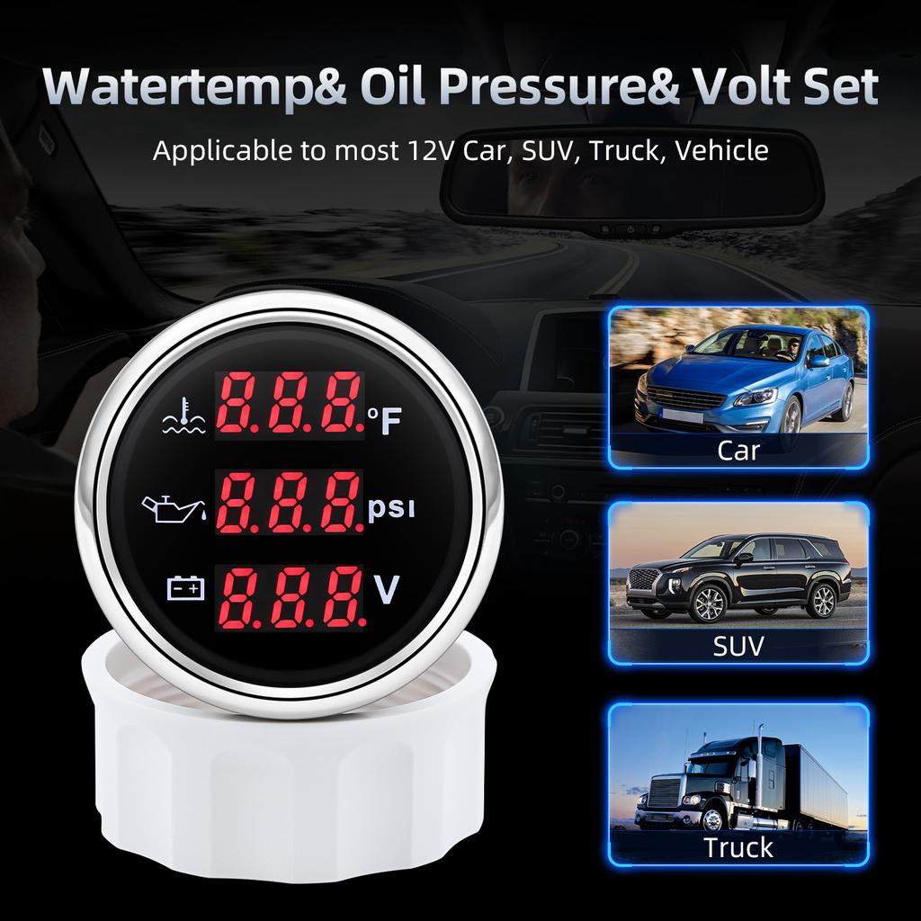 52mm 3 in 1 Gauge Water Temp +Oil Pressure + Voltage Digital LCD Meter With Alarm Universal For Marine Boat Car Truck 12V 24V