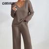 Autumn and Winter Women's Knitted Pit Stripe Milled Long Sleeve Suit V-Neck Loose Casual Pant Suit