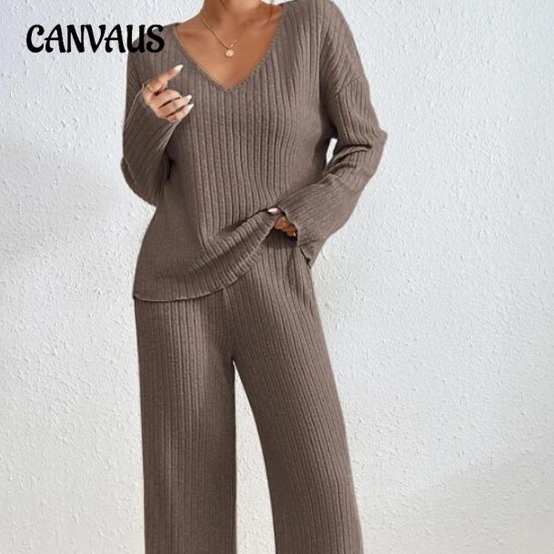 Autumn and Winter Women's Knitted Pit Stripe Milled Long Sleeve Suit V-Neck Loose Casual Pant Suit