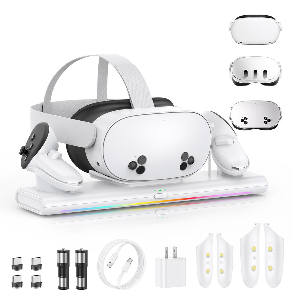 Meta Quest 3S/Quest 3/Quest 2 charging dock, magnetic charging station for VR headphones and controller, with 2 1800mAh recharge