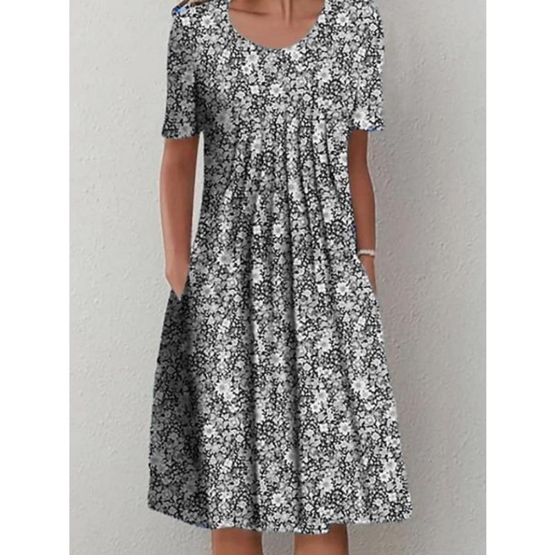 Женская мода лето весна цветочный узор принт короткий рукав О-образный вырез свободная талия повседневные платья
