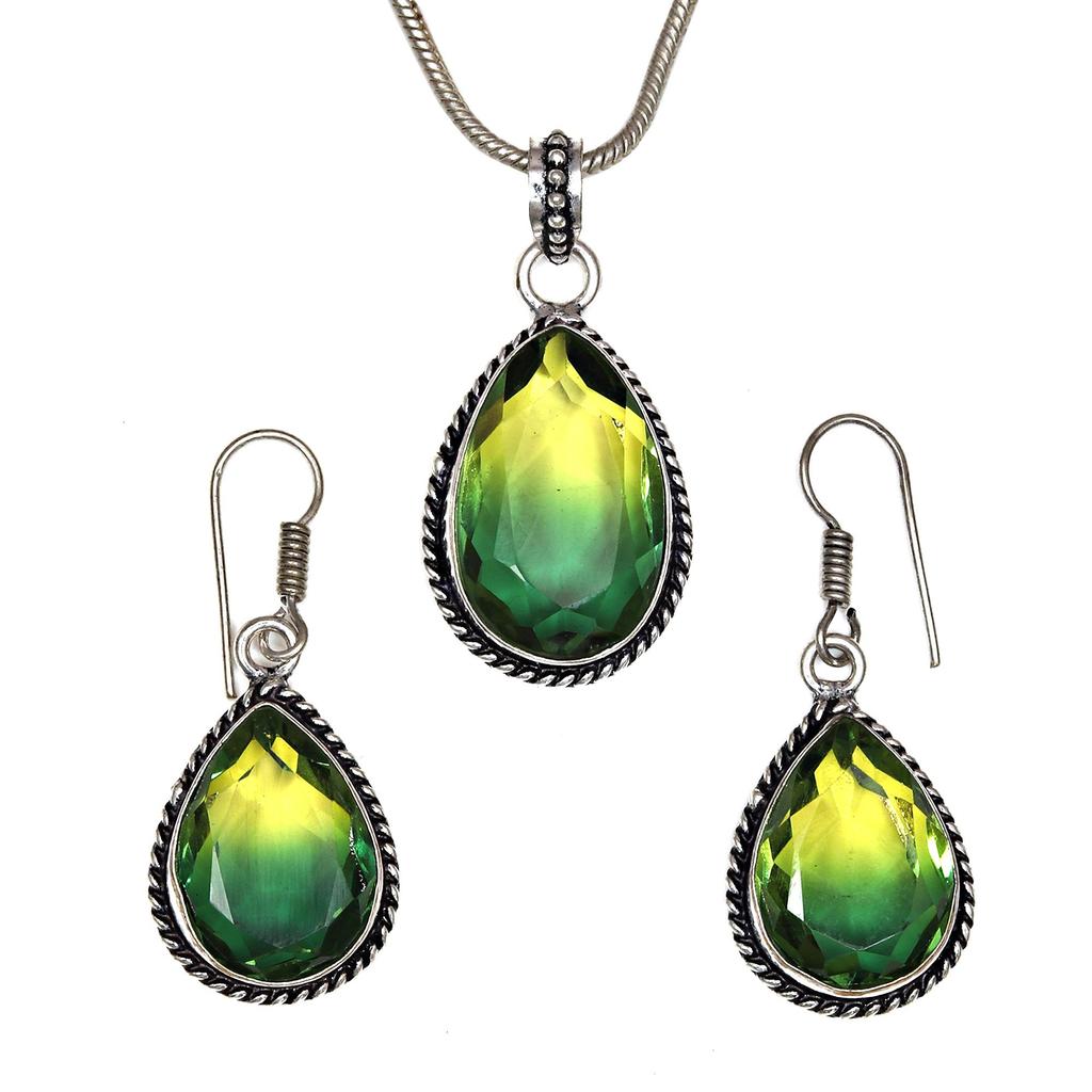 Green Tourmalinne Gemstone Mother's Day Jewelry Pendant Earring Set